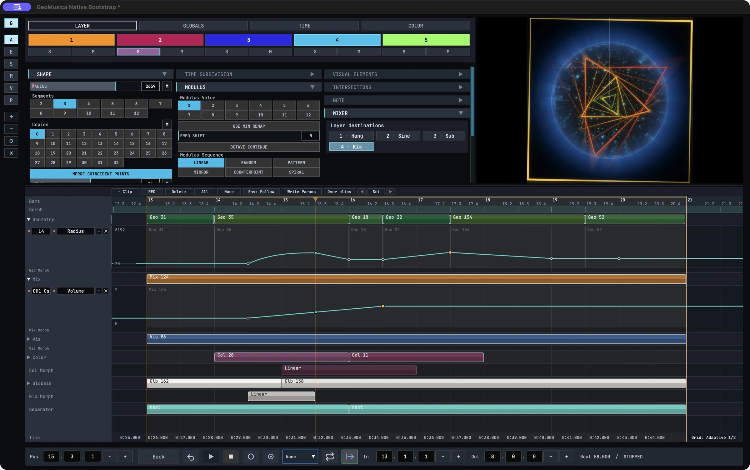 GeoMusica Arrangement timeline with Radius and Volume automation curves, geometry, mix, visual, colour and globals clips beside the live output
