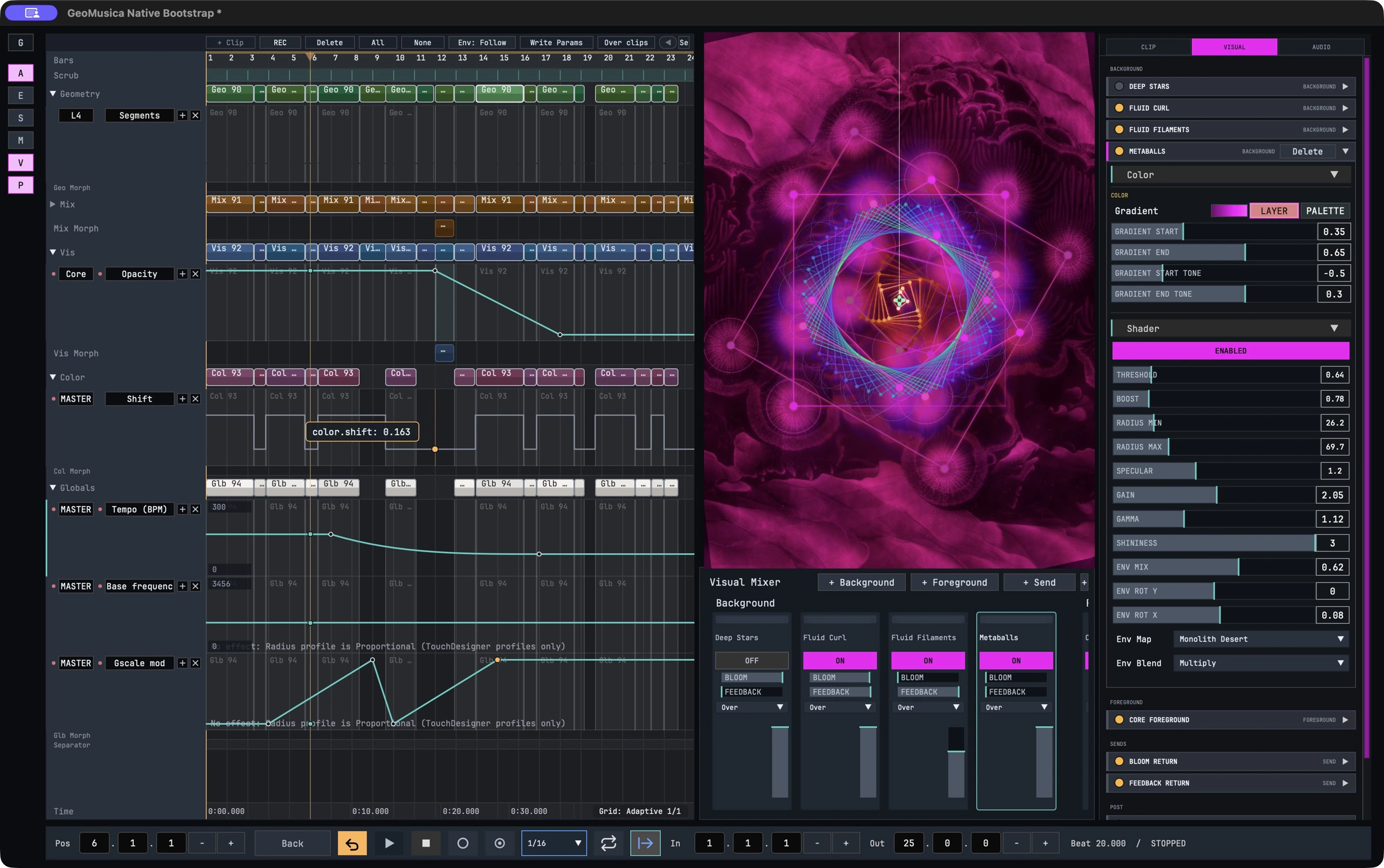 GeoMusica Arrangement workflow with clips and automation curves, live geometric output, Visual Mixer and visual effect controls