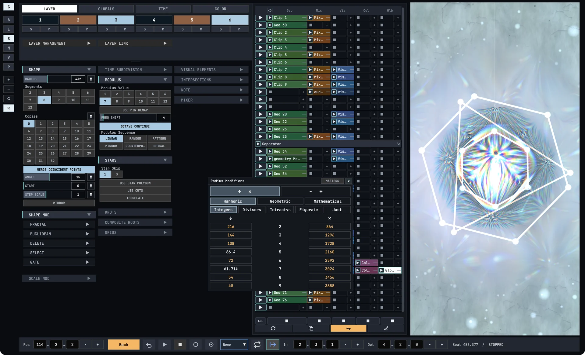 GeoMusica with a six-layer project open: the Shape, Modulus, Stars and Shape Mod cards, the Radius modifiers and the render of nested octagons