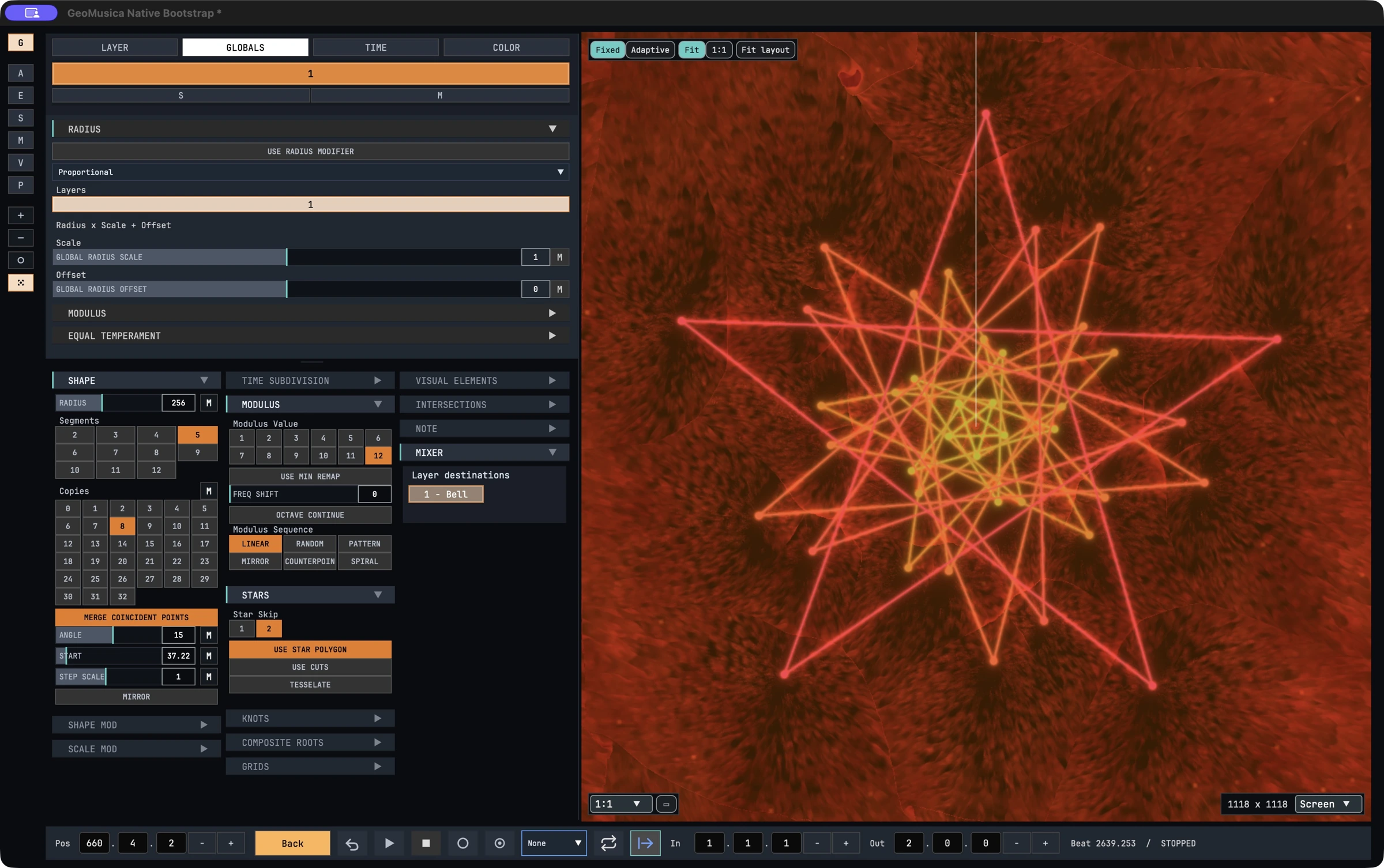 GeoMusica geometry workspace with GLOBALS, Shape, Modulus and Stars controls beside a glowing star construction