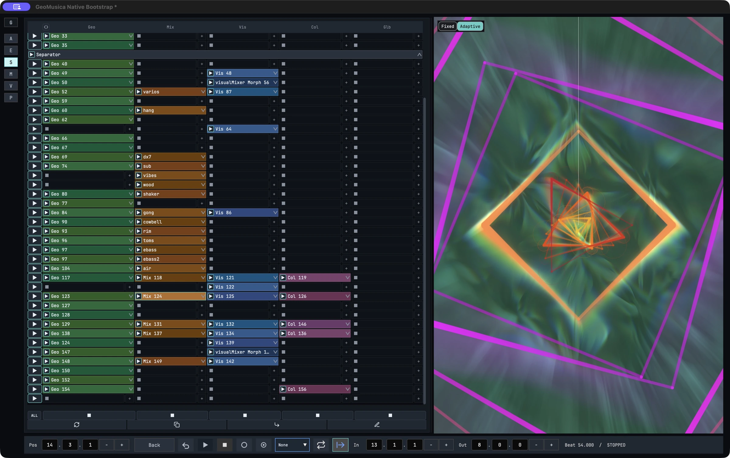 GeoMusica Session view with geometry, mix, visual and colour clips beside the live geometric output