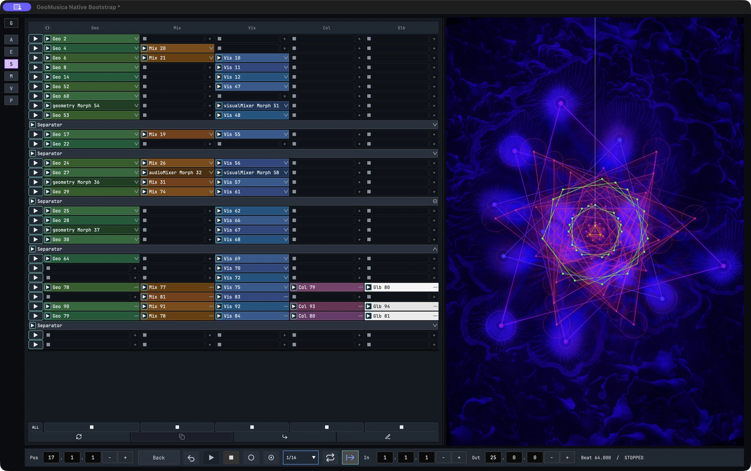 GeoMusica Session workflow with geometry, mix, visual, colour and globals clips, morphs and separators beside the live geometric output
