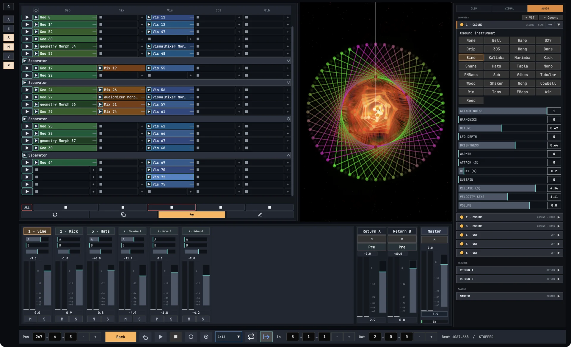 GeoMusica with a Csound instrument's parameters open, the audio mixer with six layers, two returns and the master, and the render of a coloured star figure