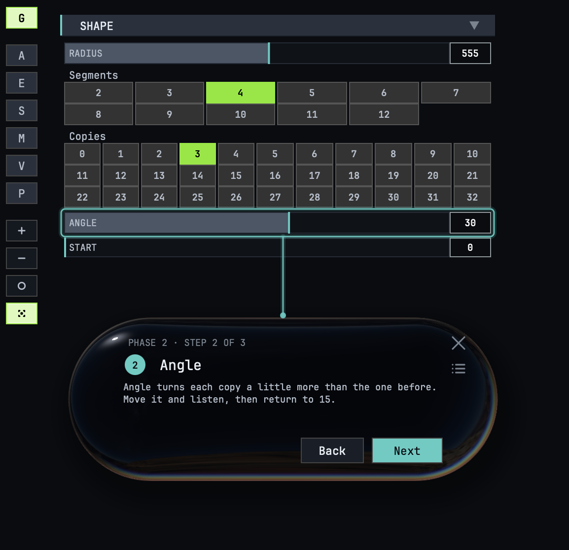 GeoMusica’s guided course explaining the Angle control, with the parameter highlighted and Back and Next buttons.