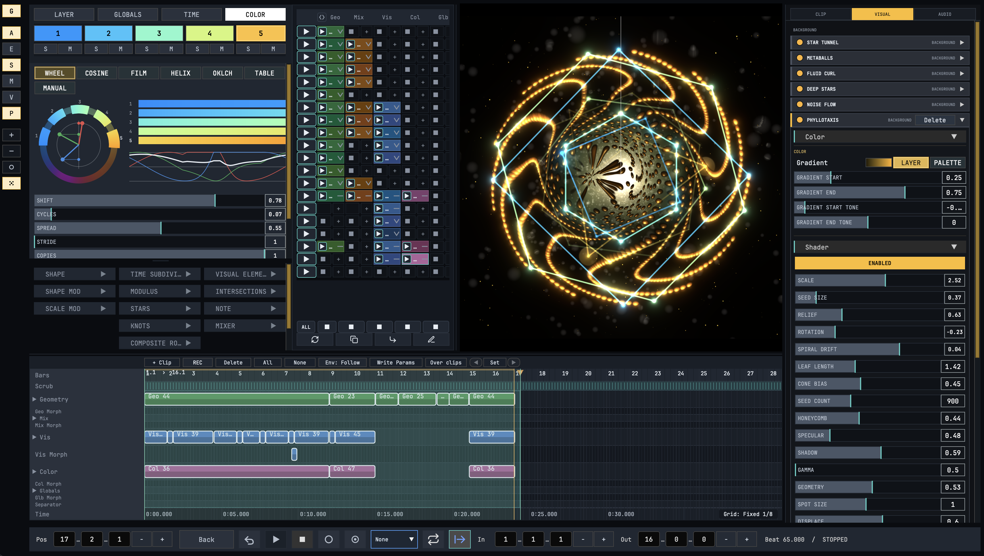 GeoMusica interface with layer colour controls, Session clips, the arrangement timeline and visual effects beside the live geometric output